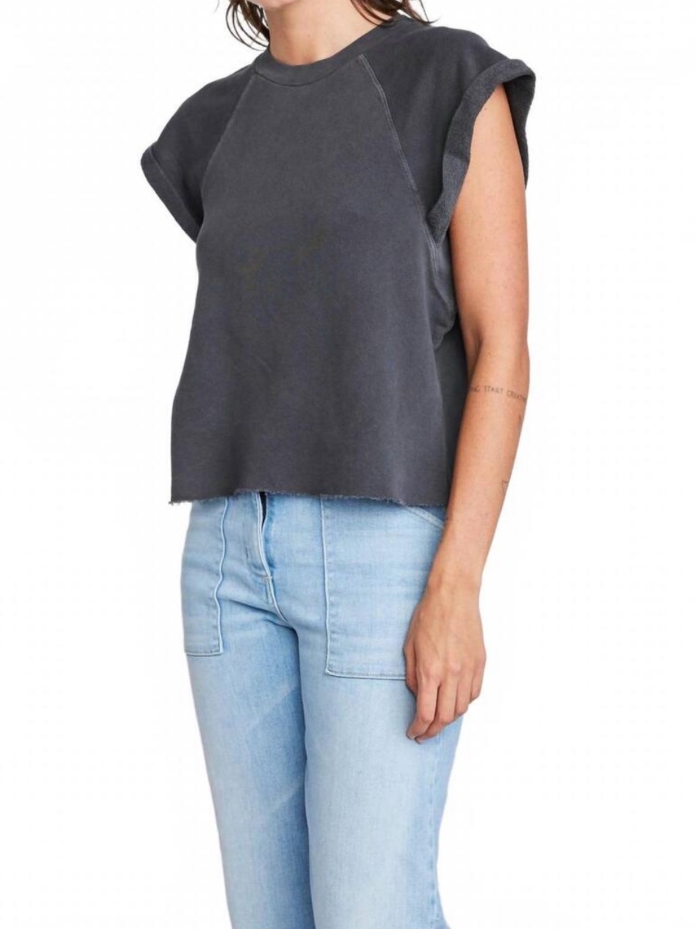 Self Contrast Black Raw-Hem Short Sleeve Sweatshirt by Anthropologie